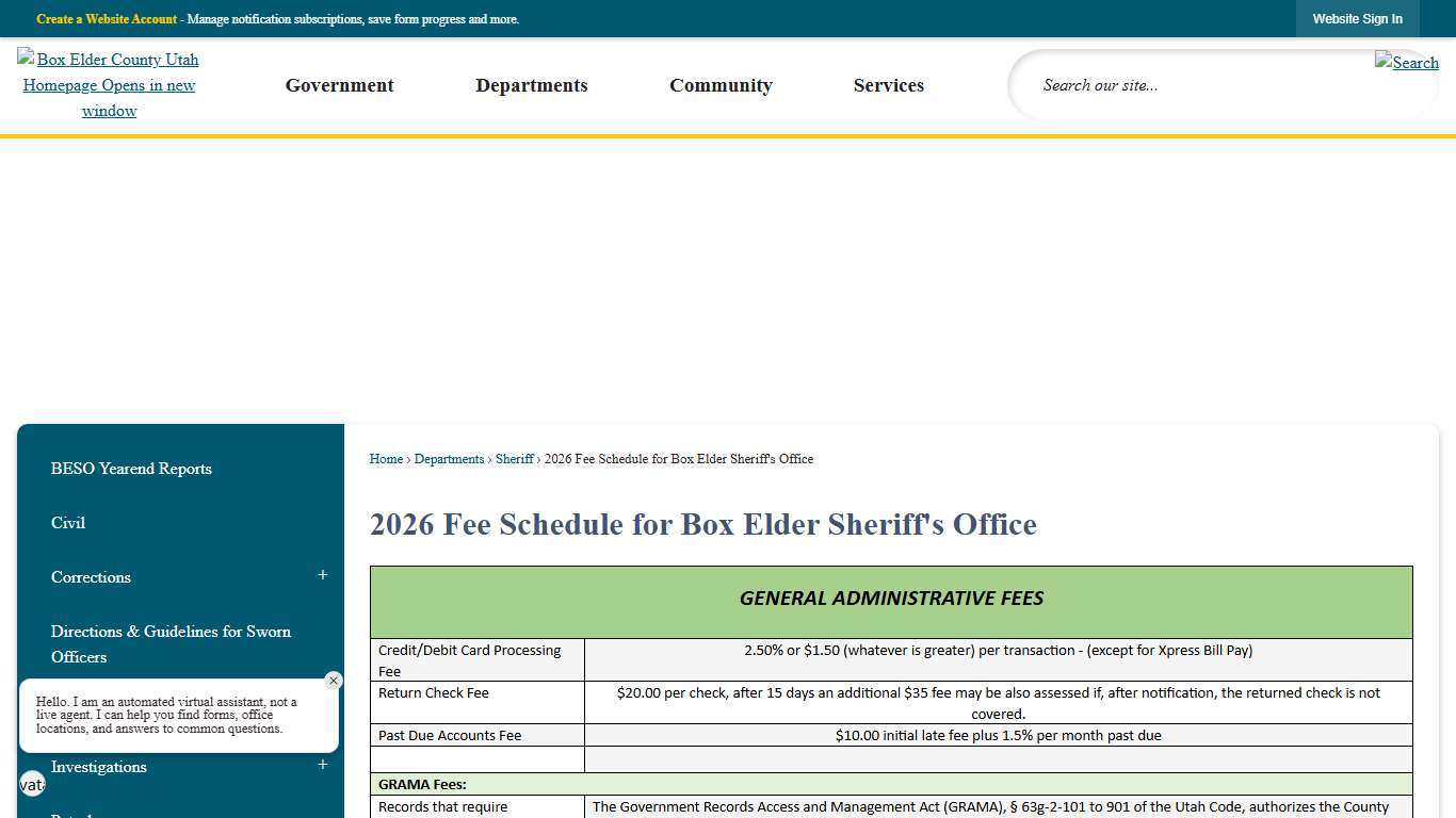2026 Fee Schedule for Box Elder Sheriff's Office | Box Elder County, UT